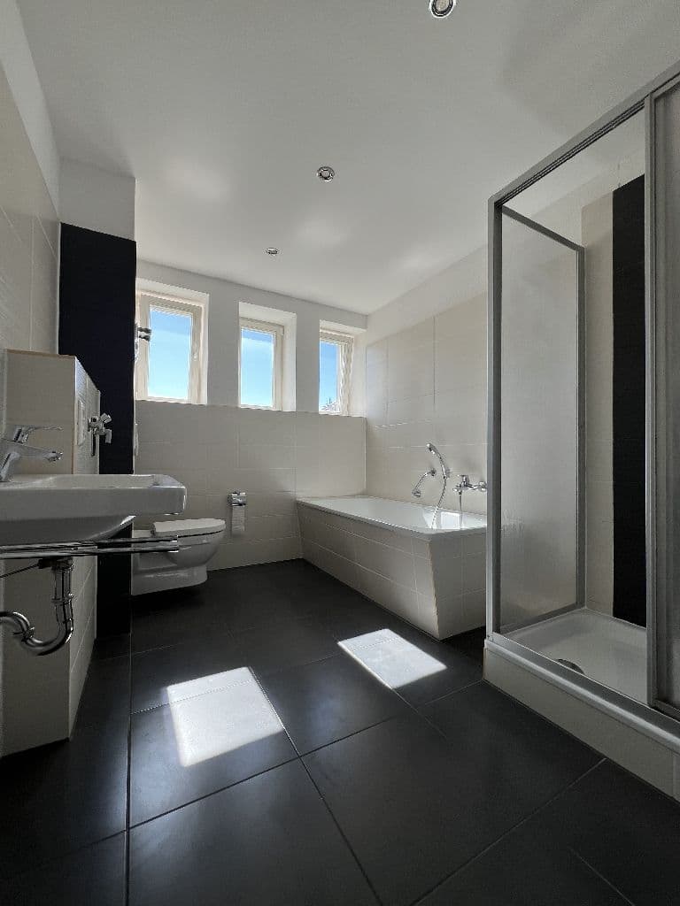 Badezimmer mit Wanne, Duschkabine, Waschtisch, helle Wandfliesen, dunkler Fliesenboden, mehrere Fenster